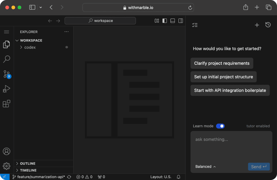 IDE interface showing Marble's coding environment